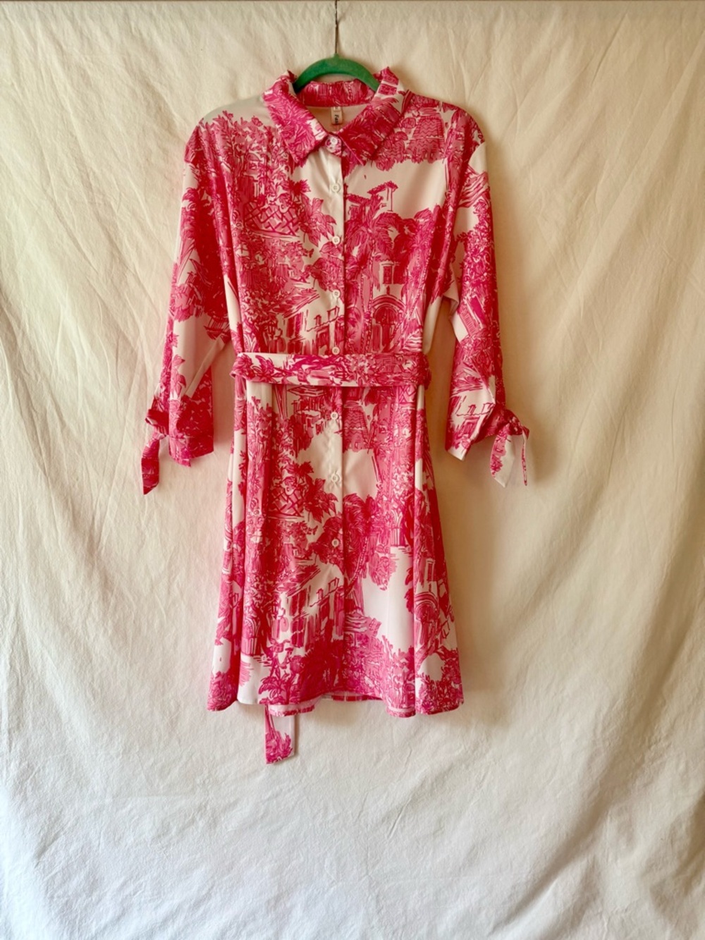 Lily Inspired Pink Toile Shirt Dress with Tie Waist